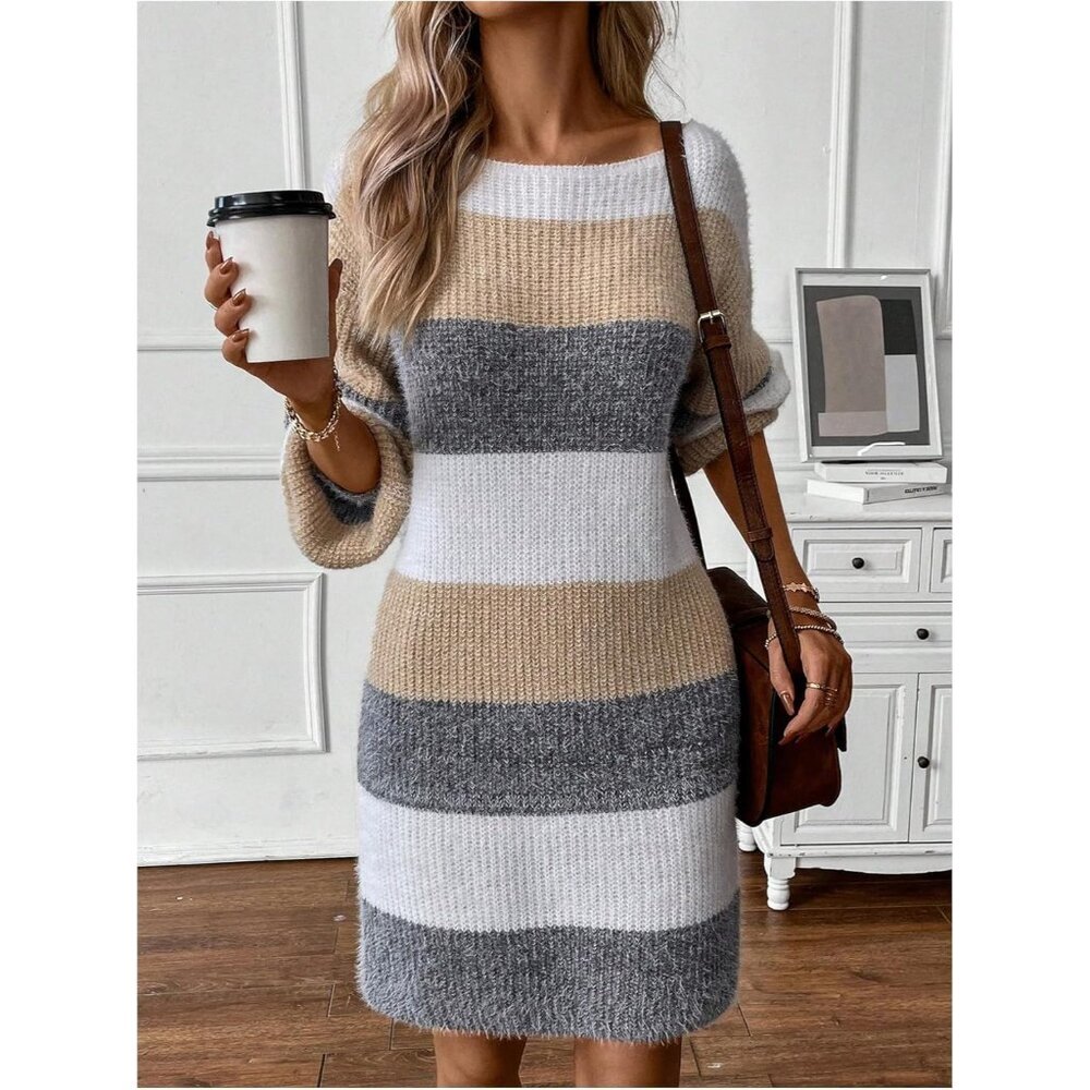 Chic Striped Long Sleeve Knit Dress - Perfect for Fall & Winter Style - Picture 3 of 5